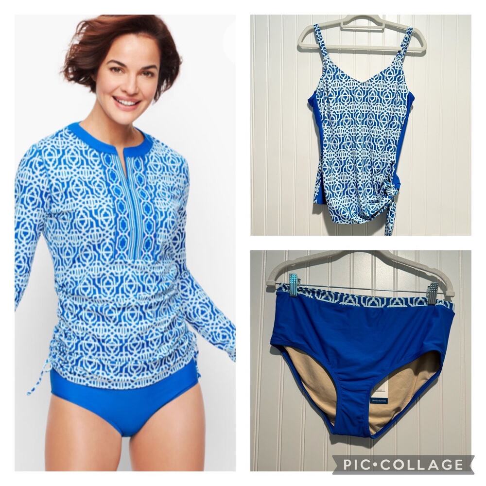 Talbots Cabana Life 3 Piece Set Rash Guard Tankini Embroidered Blue Lattice NEW